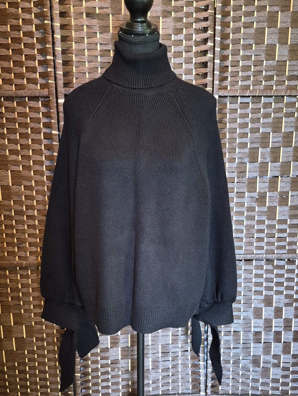 Zara Black Turtleneck Sweater with Tie Cuff Detail
